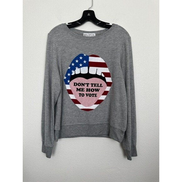 Wildfox Baggy Beach Sweater Don't Tell Me How to Vote Crewneck Gray Sz Small NEW - Picture 1 of 7